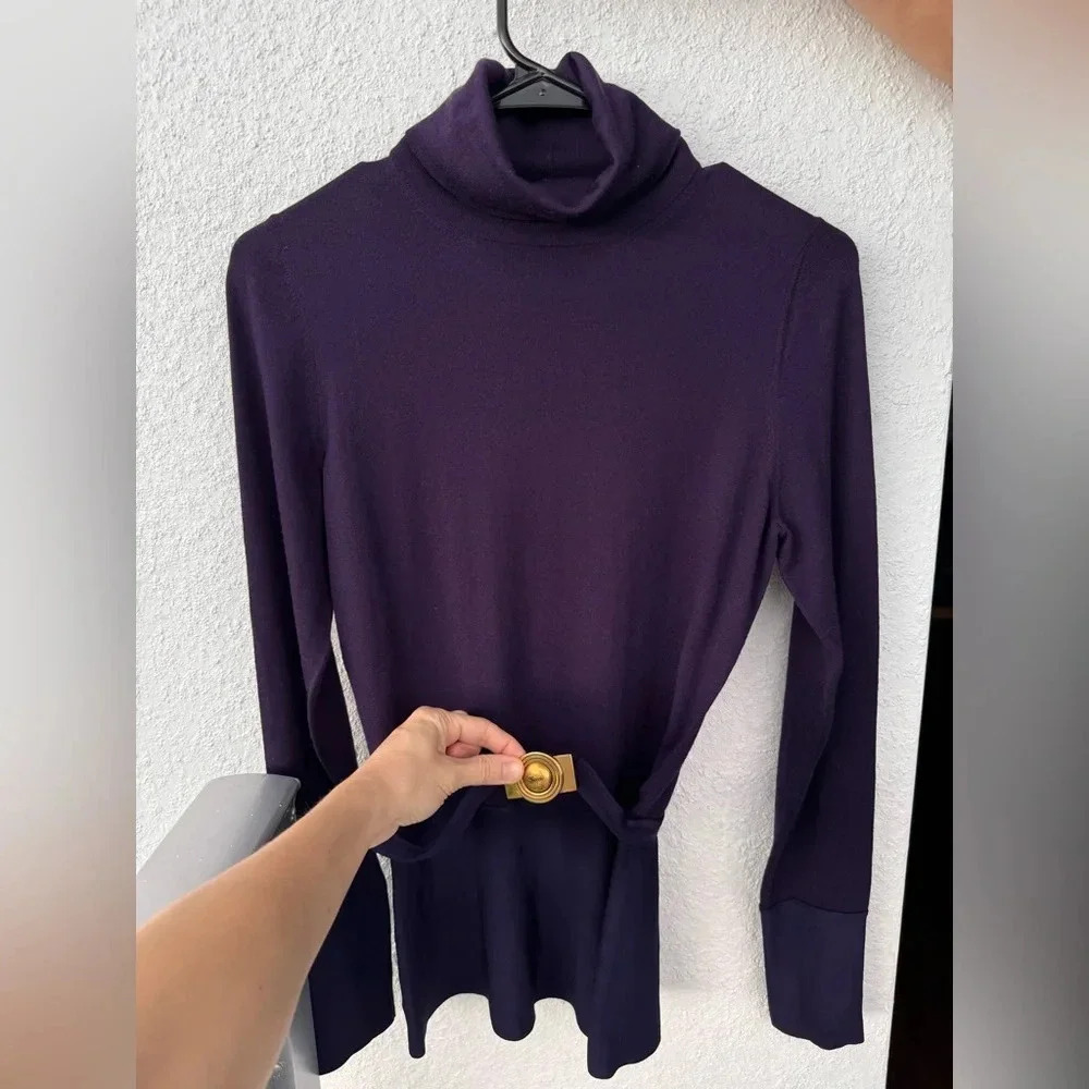Authentic Gucci Y2K Deep Purple Turtleneck Top Gold Hardware Small